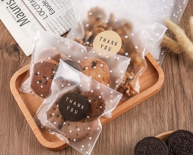NPLUX 100 Pack 4x4 Cookie Bags with Thank You Stickers, Self Sealing Cellophane Bags for Cookies, Treat Bags for Candy, Clear Graduation Gift Bags for Party Favors, Bake Sale and Cookie Packaging