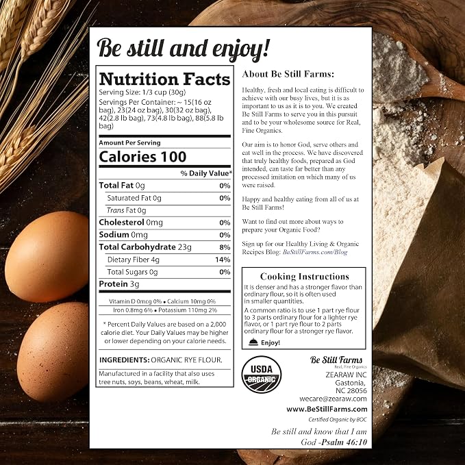 Be Still Farms Organic Rye Flour For Bread Bulk (5.8 lb) - Bread Flour for Baking - Great for Bread Machine, Pumpernickel - 100% Whole Rye Grain | USA Grown | USDA Certified | Vegan | Non-GMO
