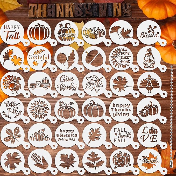 Thanksgiving Cookie Stencils 36Pcs Reusable Fall Cake Coffee Dessert Decor | 36 Reusable Decor Templates, Ideal For Cookie Cake Coffee Dessert, Fall Thanksgiving DIY Baking Painting Decoration Tools