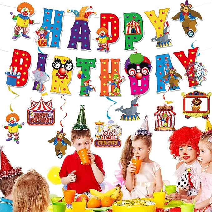 Zwiebeco Colorful Circus Happy Birthday Banner Bunting Hanging Paper Swirls Garland Party Decorations for Funfair Circus Amusement Park Clown Carnivals Themed Kids Bday Decor Accessories Supplies