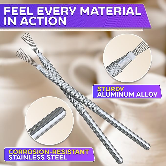 2 Pcs Pottery Scoring Tool – 5.33 Inch Clay Scoring Tool with Feather Wire Texture Stainless Steel Tip & Aluminum Alloy Handle – Ideal for Pottery, Ceramic, Polymer, Air Dry Clay Sculpting & Texturing