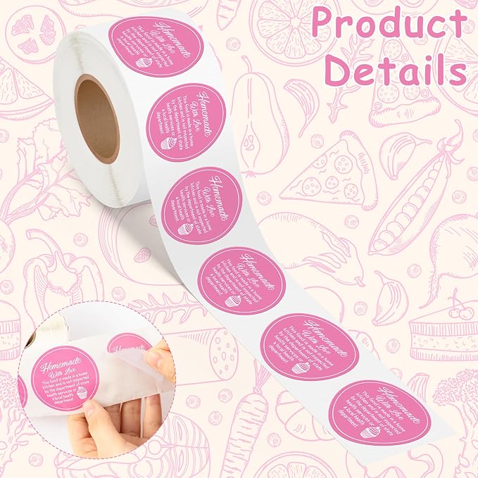 PANTIDE Cottage Food Law Labels Stickers - 500 Count Homemade with Love Adhesive Round Decal Roll, Made in A Home Kitchen Inspection Statement Thermal Printed for Food Packaging (2 x 2 Inch, Pink)