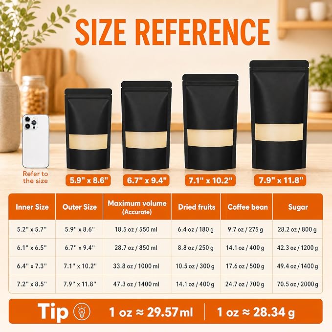 100 Pcs Black Kraft Paper Bags with Window, 6.7" x 9.4" Stand Up Pouches Bags, Food Storage Bags for Packaging Products, Reusable, Sealable