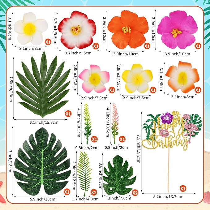 16PCS Hawaiian Flower Cake Topper Tropical Cake Decorations with Palm Leaves Flowers Hawaiian Cake Decorations for Summer Pool Beach Luau Tropical Birthday Party Supplies