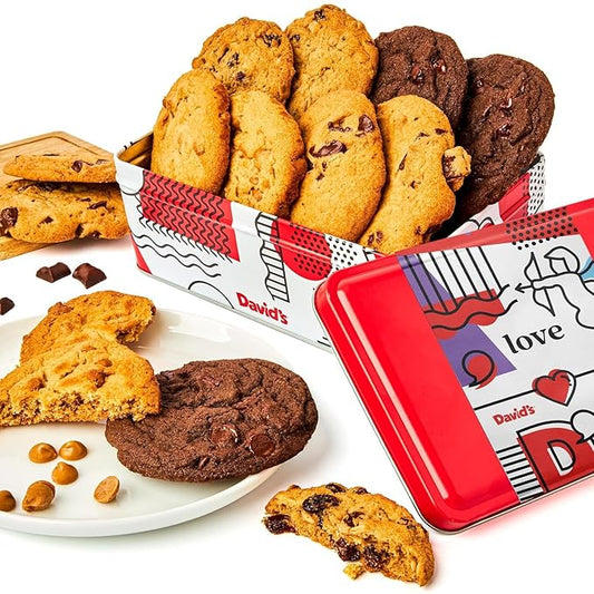David’s Cookies Assorted Cookie in Love Gift Tin, Fresh Baked Gourmet Dessert Sampler, Chocolate Chunk, Peanut Butter Chip, Double Chocolate & Oatmeal Raisin, 8 Count