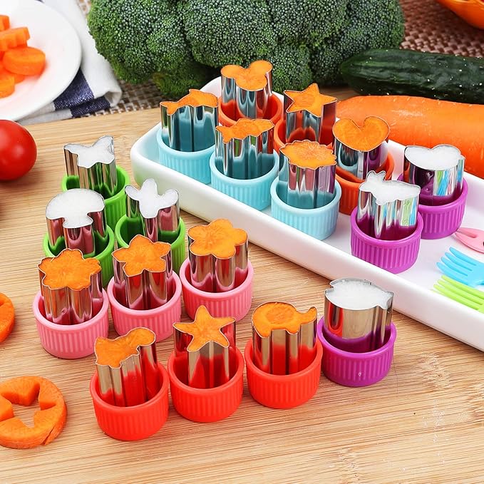 Vegetable Cutter Shapes Set, 24pcs, Mini Cookie Cutters Set Fruit Cookie Pastry Stamps Mold with 20pcs Food Picks and Forks -for Kids Baking and Food Supplement Tool Accessories