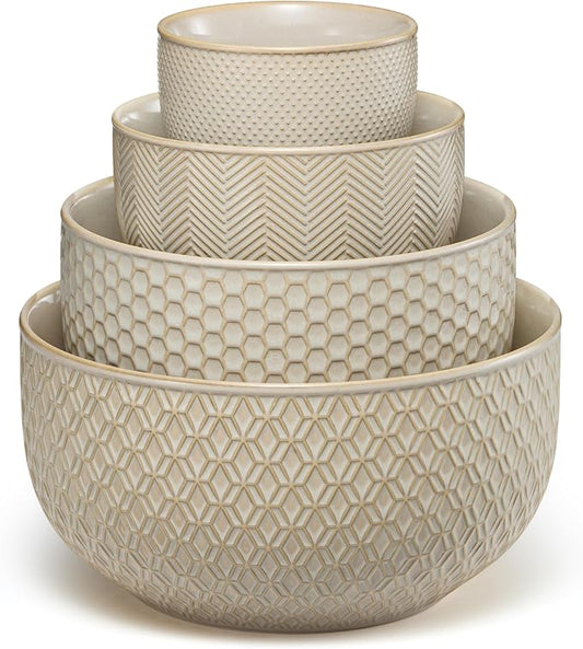 KooK Ceramic Mixing Bowls, Nesting Set of 4, Embossed Kitchen Dishware, Prep, Serving, Gift, Microwave and Dishwasher Safe, 20/44/98/145 oz, Narbonne Collection (Almond)