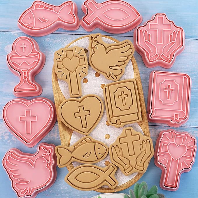 8 Pcs 3D Easter Heart Cookie cutter set with plunger Stamps Design Exquisite Cross Dove Shaped Plastic biscuit cutters for baking fondant cheesecake pastries apple pie cake decoration
