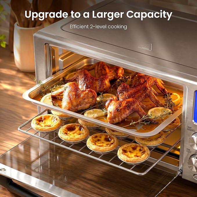 Kismile 12-in-1 Air Fryer Toaster Oven Combo, 23QT Convection Oven Countertop, 120-450℉, 360° Turbo Convection, Toast, Bake & Broil, Rotisserie for Chicken, Full Accessories, Stainless Steel