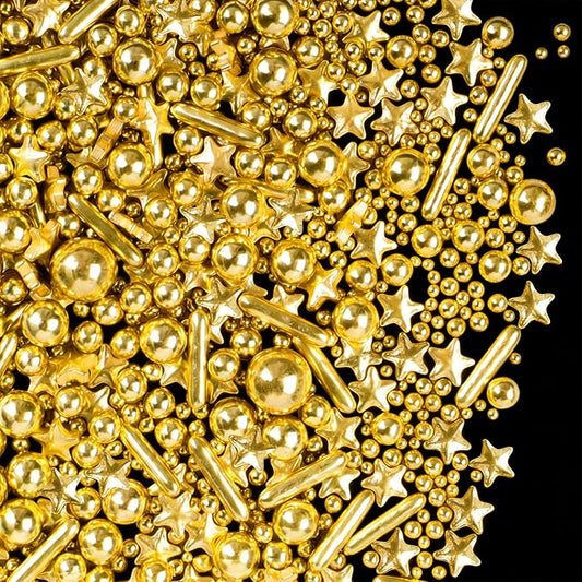 Gold Sprinkles for Cake Decorating, 4.6 oz Edible Pearls Rods Star Sprinkles for Baking Cupcake Cookie Ice Cream