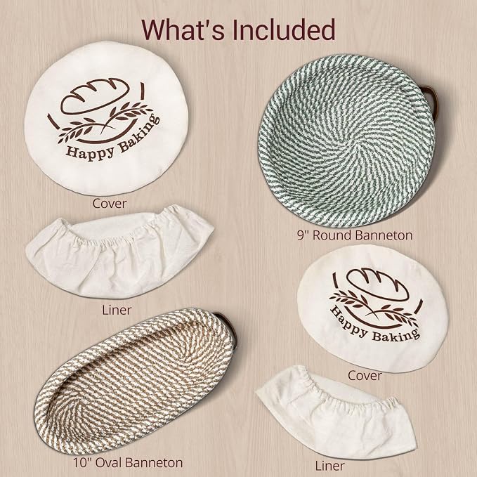 Sourdough Banneton Bread Proofing Basket for Sourdough Bread Proofing | Howasai Sourdough Proofing Basket, 9''Round & 10''Oval Banneton Baskets With Liners & Covers, Cotton Rope Bread Baskets