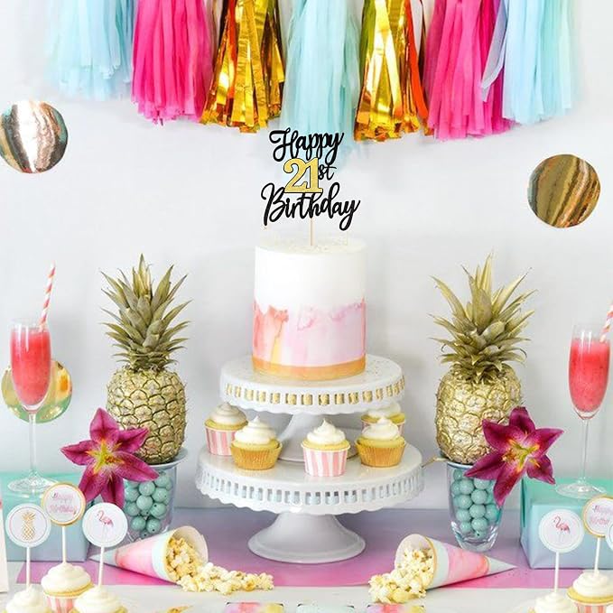 1 PCS Happy 21st Birthday Cake Topper - Black Gold Glitter Cheers to 21 Years - Fabulous Cake Decoration for 21st Birthday Party