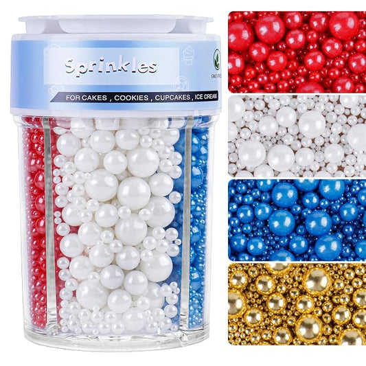 4th of July Red White and Blue Sprinkles for Cake Decorating, Patriotic Pearl Sprinkles 7.8oz 4 Colors Mix for Cake Cupcake Cookie Baking Donuts Ice Cream Toppings