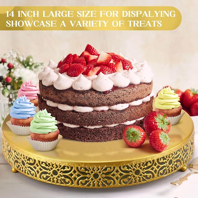 Wenqik 14 Inch Cake Stand, Metal Round Cake Stands Set with Modern Design White Dessert Display Cupcake Stands Plates Fruit Serving Tray for Wedding Birthday Baby Shower Party (Gold)