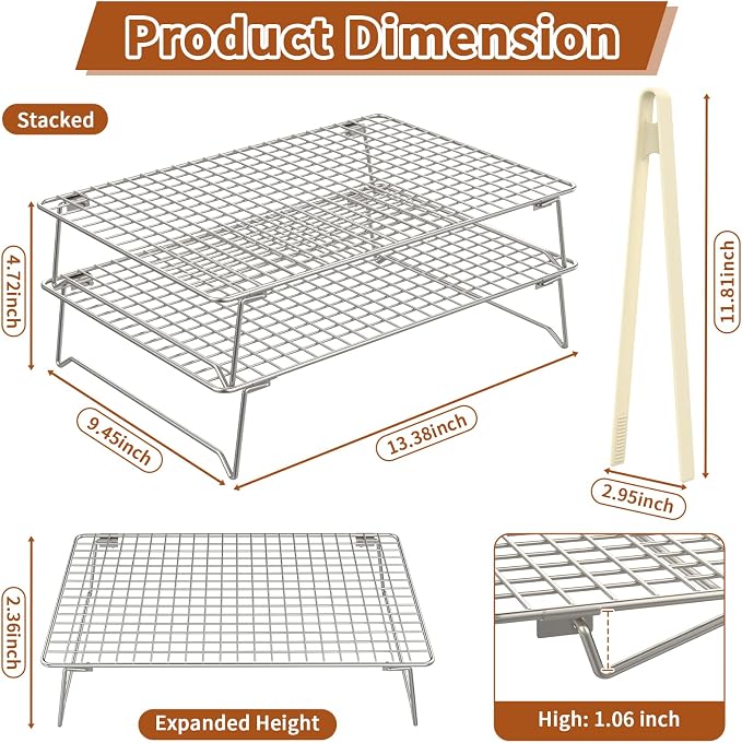 2-Tier Cooling Rack for Baking, 304 Stainless Steel Stackable Wire Baking Rack, Oven & Dishwasher Safe, Fits Half Sheet Pan for Roasting, Bacon, Cooling & Air Fryer Cooking, 13.4"x9.4"