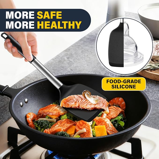 Silicone Spatula Set, Heat Resistant Solid & Slotted Turner for Non-Stick Pans, Silicone Cooking Utensils Set, BPA-Free, Flexible Spatula Turner for Flipping Eggs, Burgers, Pancakes, Black, 3 PCS-A