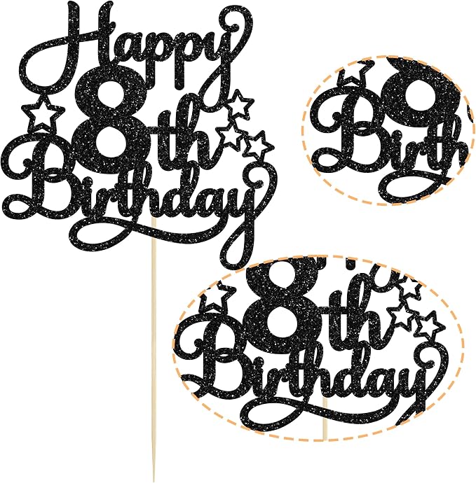 1 Pack Happy 8th Birthday Cake Topper Black Glitter 8th Birthday Cheers to 8 Years Old Birthday Cake Pick for Celebrating Birthday Anniversary Party Cake Decorations Supplies