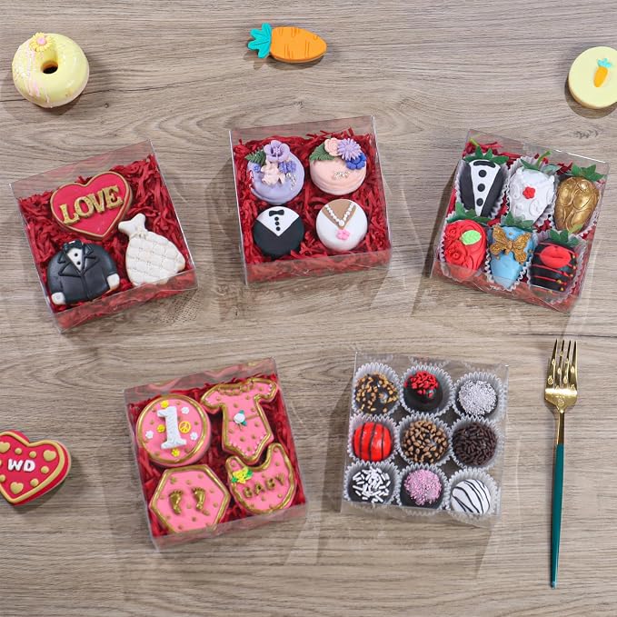 25pcs 5x5x2 Inch Plastic Clear Pastry Boxes - Cookies, Doughnuts, Soap, Truffle, Brownie, Cake, Chocolate Covered Strawberries & Treat Boxes for Party Favors & Wedding
