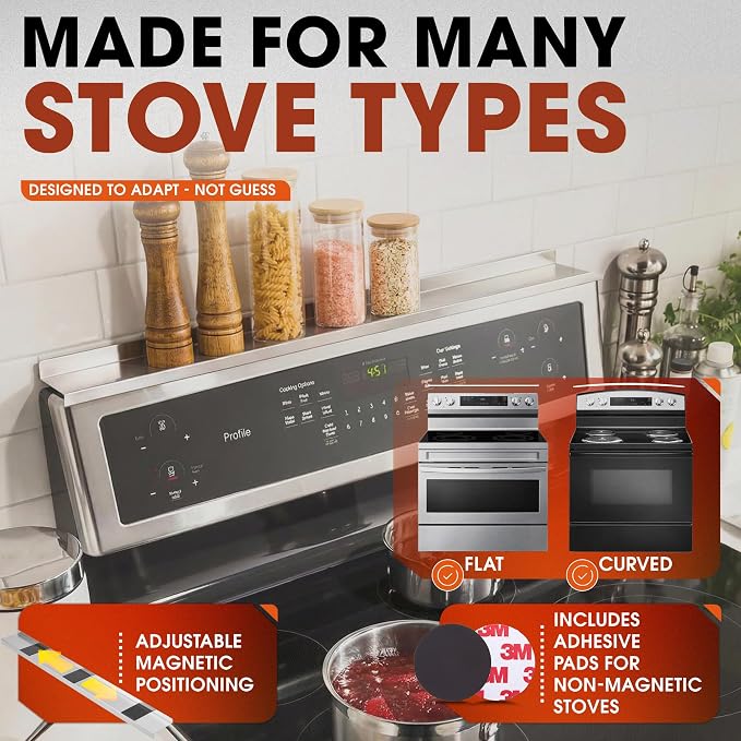 Magnetic Stove Top Shelf 30 Inch - Stainless Steel Over Stove Spice Rack Organizer - Magnetic Stove Shelf for Flat & Curved Stoves - Kitchen Storage Shelf with Measuring Spoons & Brush