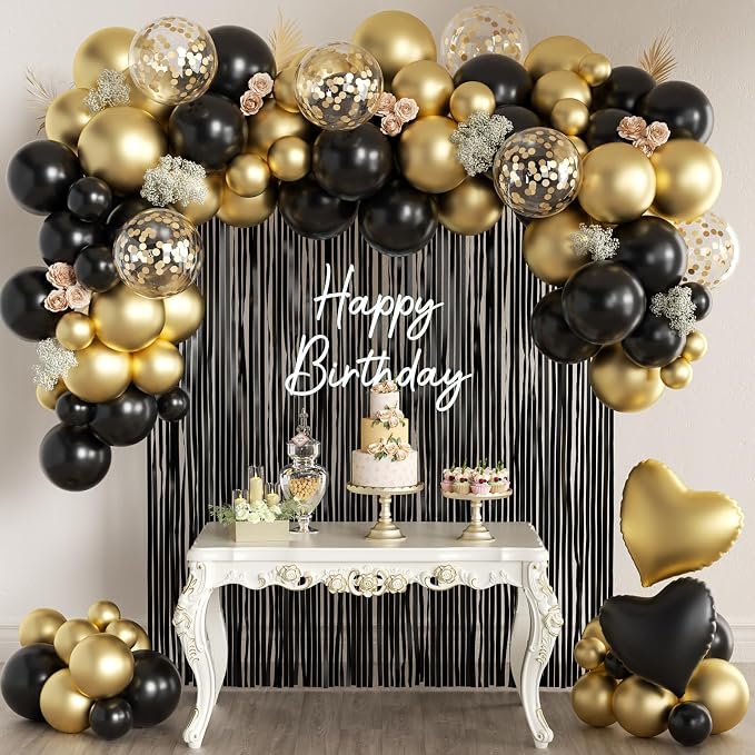 157Pcs Black and Gold Balloons Garland Arch Kit with Fringe Curtain for Graduation Birthday New Year’s Eve Black Tie Gala Anniversary Wedding Party Decorations