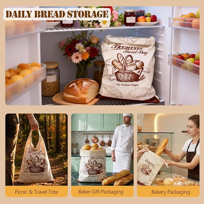 2 Pack Beeswax Bread Bags for Homemade Bread Sourdough, 17x13 Inch | Cotton Linen, Zipper Closure, Freezer Safe, Reusable, For Sourdough Homemade Bread