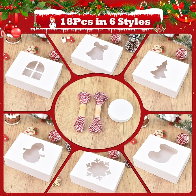 COTOPHER 18Pcs Christmas Cookie Boxes with Window, 8x6x2.5 inch White Bakery Boxes for Gift Giving, Kraft Treat Boxes Dessert Boxes for Cakes Donuts Chocolate Strawberries Pastries Muffins