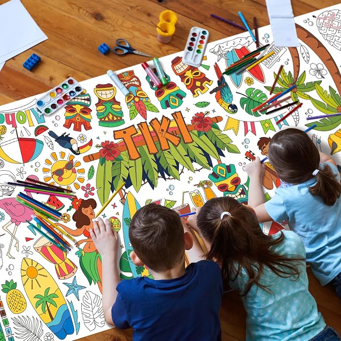 Gatherfun Hawaiian Luau Party Giant Coloring tablecloths, 31.5 x 72 Inches, Hawaiian Party Decorations, Tiki Party Decorations, coloring Table Cover for School Parties