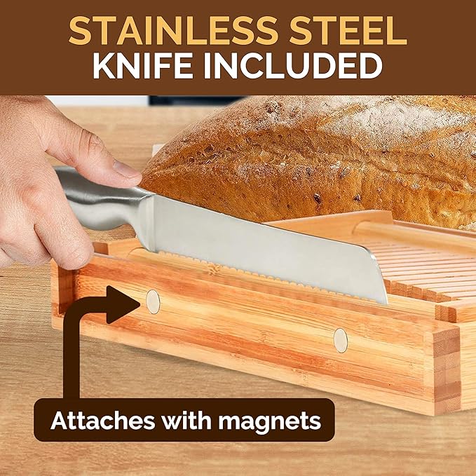 Personalized Bread Slicer with Bread Knife - Engraved Bamboo Bread Loaf Slicer for Homemade Sourdough, 3 Slice Thickness, Foldable Cutting Guide with Crumb Tray for Bagels & Cake, Customized Gifts