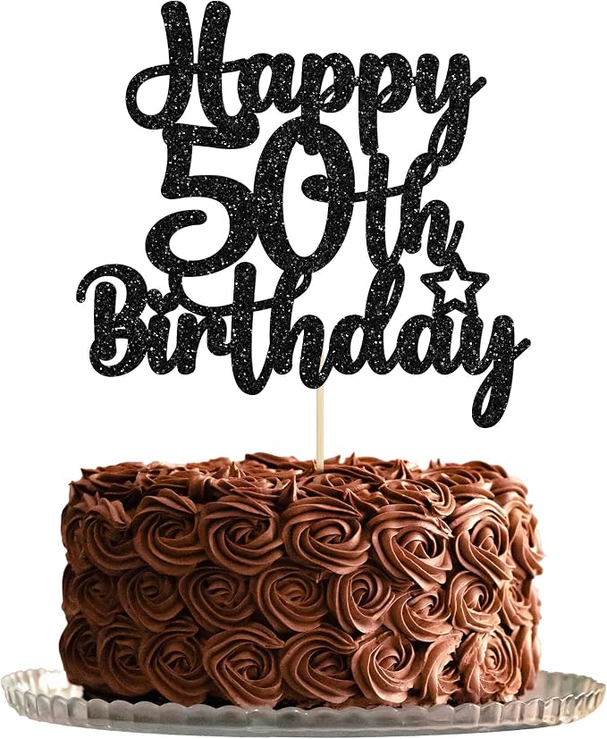 Gyufise 1Pc Happy 50th Birthday Cake Topper Glitter 50 & Fabulous Cheers to 50 Years Old 50th Birthday Cake Pick for Celebrating 50th Birthday Anniversary Party Cake Decorations Black