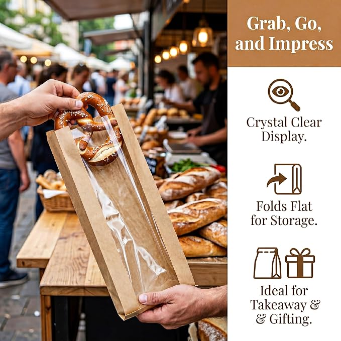 150 Pack Paper Bread Bag with Window, 18"x7"x2" Long French Bread Bag, Brown Kraft Baguette Bags, Loaf Storage Packing Sacks Biscuits Packaging for Homemade, Bakery, Coffee Bar