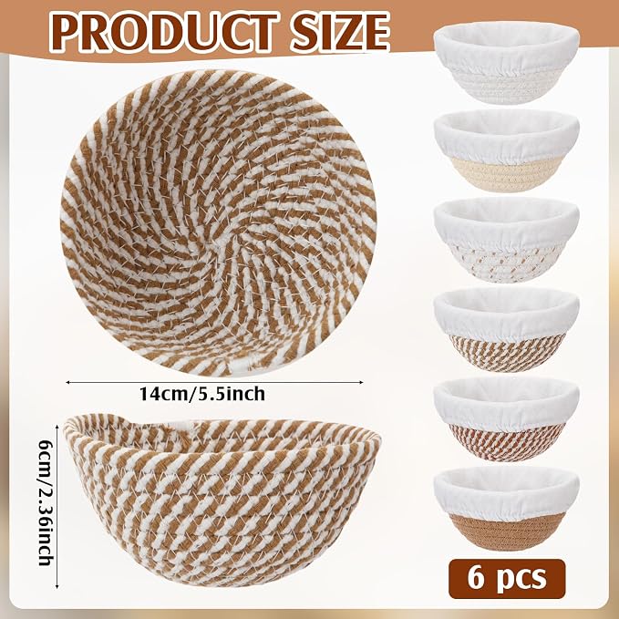 6 Set 5.5 Inch Mini Banneton Bread Proofing Basket Natural Cotton Rope Proofing Bowls Kit with Cloth Liner Small Sourdough Bread Baking Supplies for Home Baking (Brown)