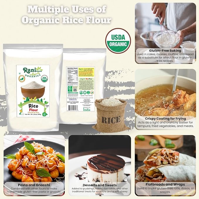 Rani Organic Rice (White) Flour 32oz (2lbs) 908g ~ All Natural | Gluten Friendly | Vegan | NON-GMO | Kosher | Indian Origin | USDA Certified Organic