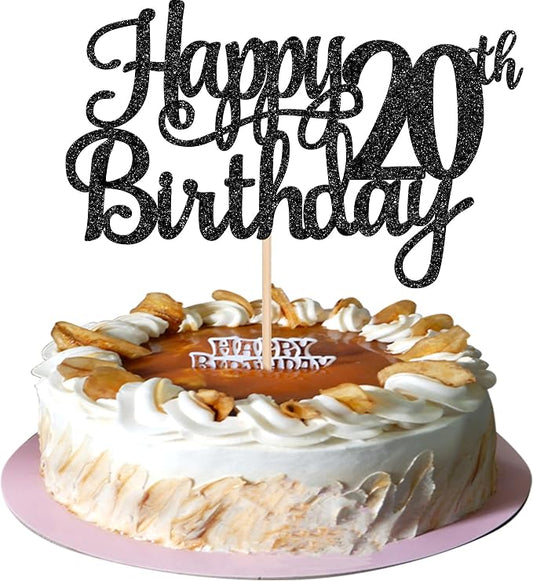 1 PCS Happy 20th Birthday Cake Topper Glitter Cheers to 20 Years Birthday Cake Pick Twenty 20 Fabulous Cake Decoration for Happy 20th Birthday Theme Party Decorations Supplies Black