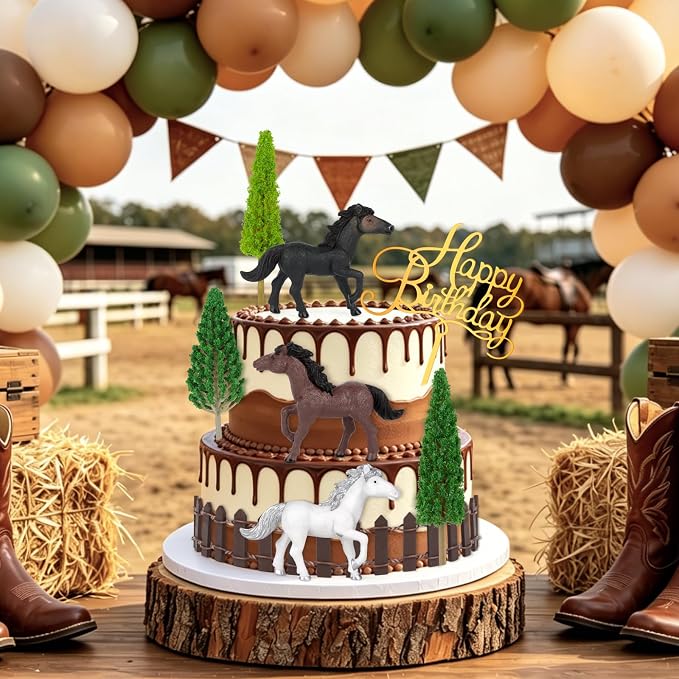 Hooqict 9Pcs Horse Cake Decorations Set with Happy Birthday Cowboy Cake Toppers for Western Cowboy Themed Horse Birthday Party Decorations Supplies