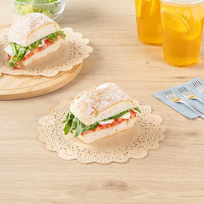 Pastry Tek 8 x 8 Inch Paper Lace Doilies, 100 Disposable Table Doilies - Elegant Lace Finish, Long Lasting, Kraft Paper Doily, for Pastries, Cupcakes, Desserts - Restaurantware
