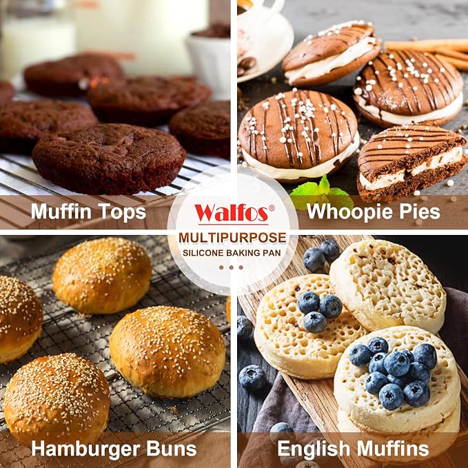 Walfos Silicone Muffin Top Pan Set, Non-Stick Whoopie Pie Baking Pans, Food Grade & BPA Free, Great for Muffin Tops, Whoopie Pies, Egg Muffins, Hamburger Buns and More, Dishwasher Safe, Set of 2