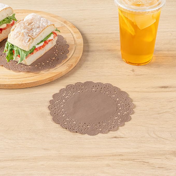 Restaurantware-Pastry Tek 6 x 6 Inch Placemat, 4000 Disposable Table Doilies - Elegant Lace Finish, Long Lasting, Brown Paper Placemat, for Pastries, Cupcakes, Desserts