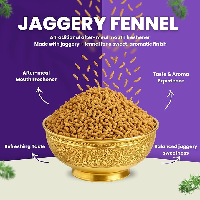 Danodia Foods Jaggery Fennel Crunch, Gur Sweetener, 100g, for Chai & Baking | Gur saunf mukhwas with jaggery and fennel seeds; Indian after-meal mouth freshener in resealable pouch; tea and dessert use