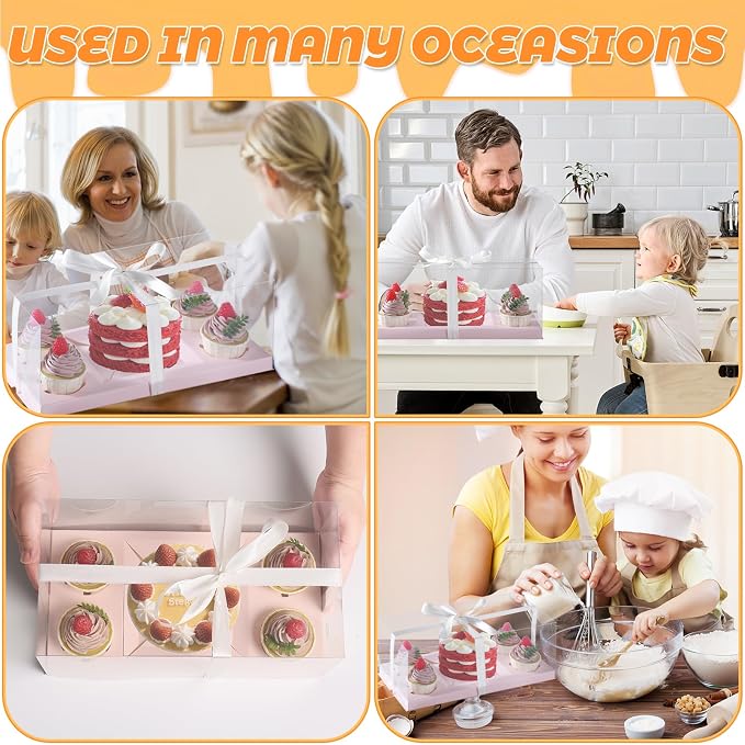 JCD 3Pcs Pink 1+4 Bento Box with Clear Window Bento Cake Boxes Combo Fit 4 Cupcake and 1 Mini Cake for Valentine Wedding Birthday Party Bakery Supplies(Pink 1+4/3Pcs)