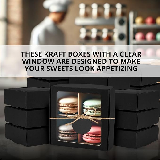 30PCS Cookie Boxes Black with Window - 4.13 x 4.13 x 1.18 Inch Durable Packaging for Baked Goods Small Bakery Containers for Pastries Gift Giving Bulk Food Storage Elegant Display for Desserts