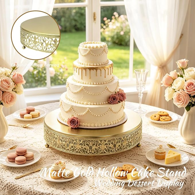 14 Inch Luxury Light Gold Cake Stand, Round Metal Dessert Display with Ornate Filigree Lace, Dual‑Coated Premium Finish for Wedding, Anniversary & Elegant Home Decor