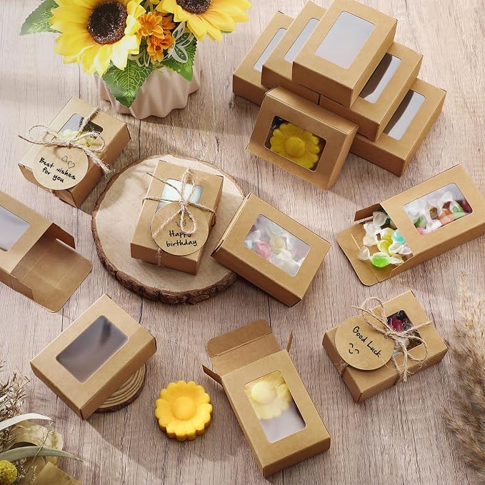 Zhanmai 100 Set Brown Small Soap Boxes for Homemade Soap, 3.35 x 2.36 x 1.2 Inch Paper Packaging Boxes with Window, with 100 Tag and Twine, Gift Wrapping Supplies for Bakery Candy Cookies Party Favors