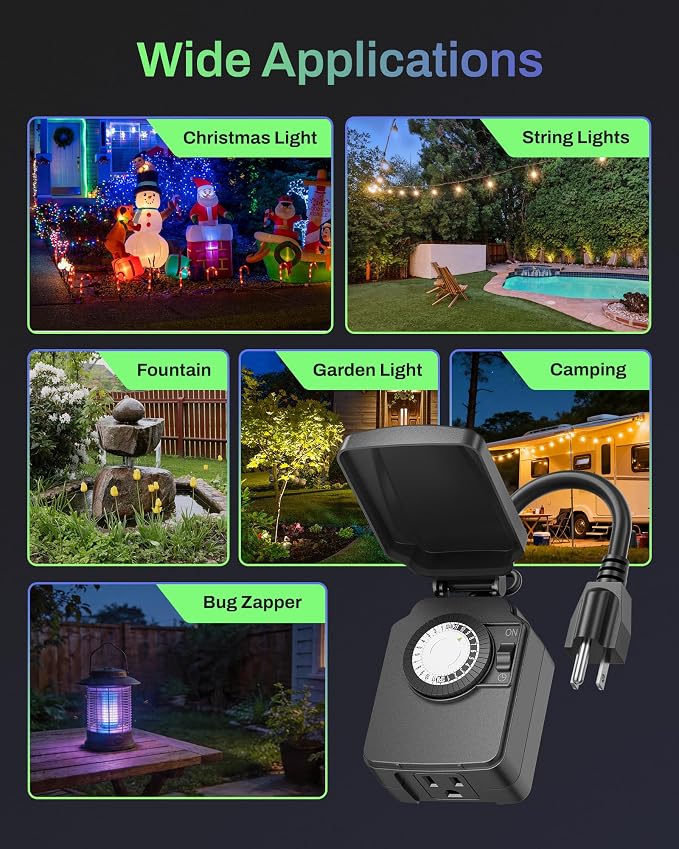 BN-LINK 24 Hour Heavy Duty Mechanical Timer, Outdoor Timer Outlet Waterproof with 30 Minutes Intervals, 1 Grounded Outlets for Christmas Lights Pool Pump,15A 1/2HP, ETL Listed