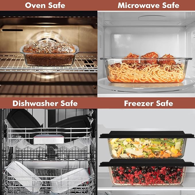 Razab LARGE 7.6 Cups/1800 ML/1.9 Qt Glass Loaf Pan with Lids (Set of 2) - Meatloaf Pan BPA free Airtight Lids Grip Handle Easy Carry, Microwave and Oven Safe - Loaf Pans For Baking Bread, Cakes
