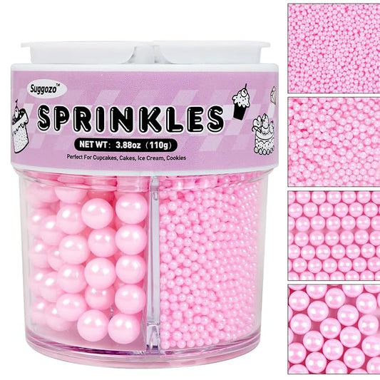 Pink Sprinkles, Edible Pink Pearl Sprinkles for Cake Decorating, Cake Decoration & Cupcake Topper, Wedding Shower Party Christmas Valentines Supplies, 110g/3.88oz (4 Sizes Mix)