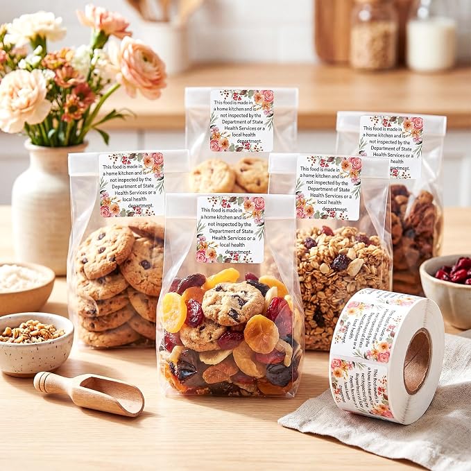 500 Count Cottage Food Law Labels Stickers Floral Printed Home Made Stickers 1.5” Square Thermal Printed Labels for Home Kitchen Bakery Bread Sourdough