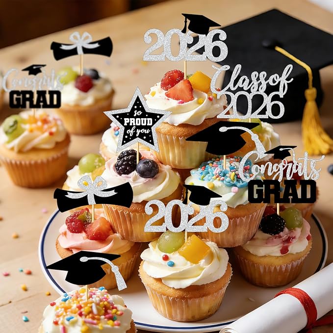 48 PCS Grad Cupcake Toppers, Congrats Graduation Cake Topper, Class of 2026 Black and Silver Graduation Decor, Glittery Cap and Diploma Cake Picks for Grad Party Decorations Supplies