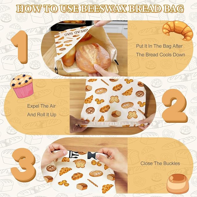 2 Pack Beeswax Bread Bags for Homemade Sourdough, 17x13 Inch Reusable Linen Beeswax Bread Bag with Buckle to Keeps Bread Freshness for Food Storage(Bread Theme)