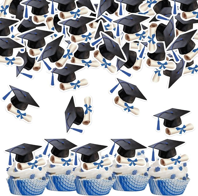 48pcs Edible Graduation Cap Cupcake Toppers Wafer Paper Blue Grad Cap Diploma Cake Decorations Edible Grad Cap Cupcake Picks for 2026 Graduation Theme Party Cake Decor Supplies