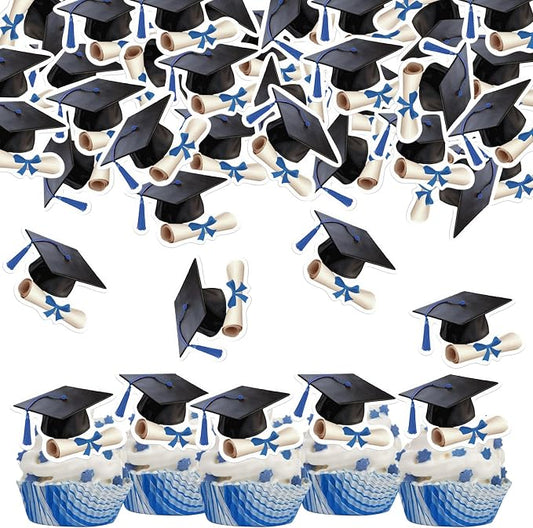 48pcs Edible Graduation Cap Cupcake Toppers Wafer Paper Blue Grad Cap Diploma Cake Decorations Edible Grad Cap Cupcake Picks for 2026 Graduation Theme Party Cake Decor Supplies